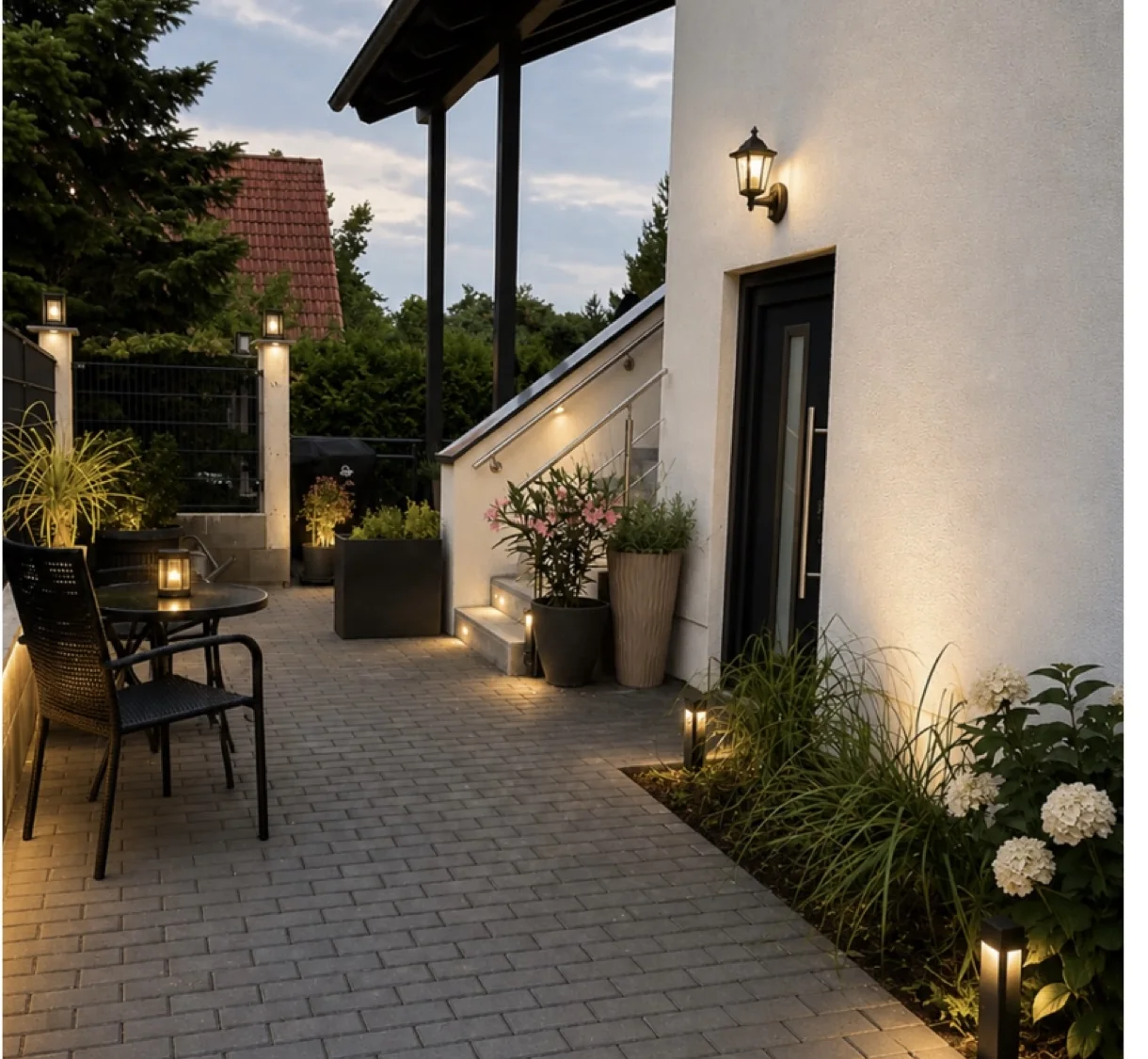 Beleuchteter Außenbereich mit Terrasse